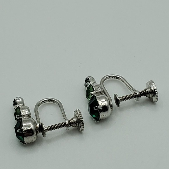 Vintage Jay Flex Sterling Earrings Green Rhinestones Screw Backs Fashion Jewelry - Picture 6 of 11